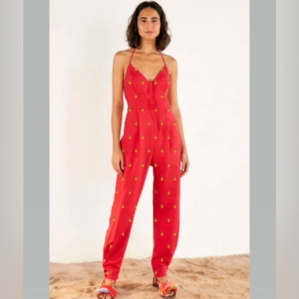 Farm Rio Red Jumpsuit with Embroidered Pineapples